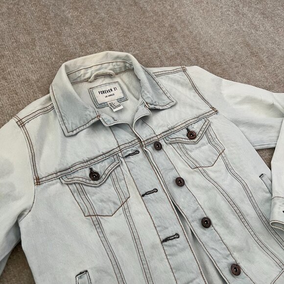3 for $6 Forever 21 Distressed Blue Cotton Denim Jean Jacket S - Picture 3 of 12